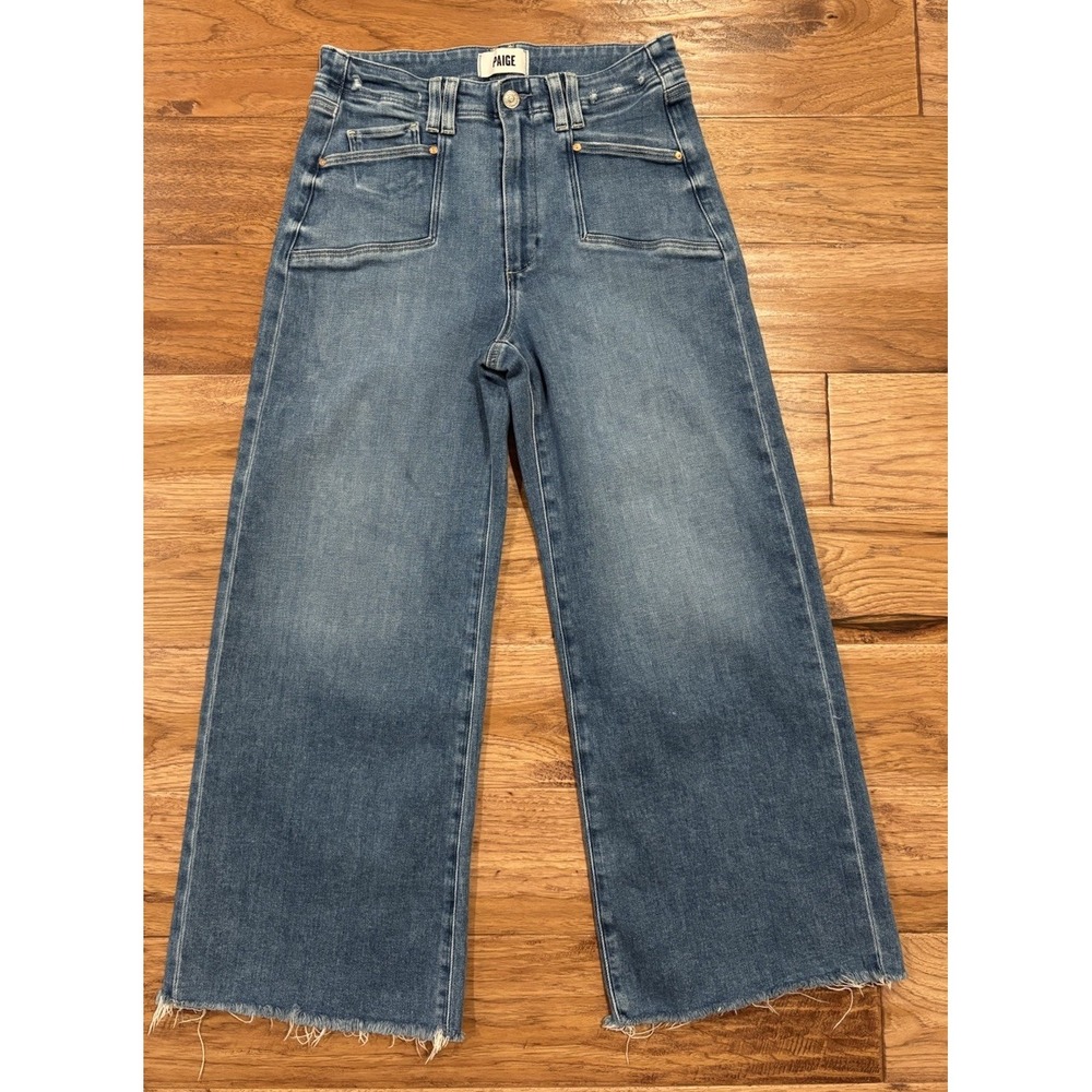 PAIGE Anessa Wide Leg Jeans Sunnie Distressed High Rise Raw Hem Women's 28 29x26
